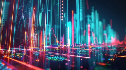 Wall Mural - Mesmerizing 3D stock market graph with neon lines, depicting market trends and financial analysis