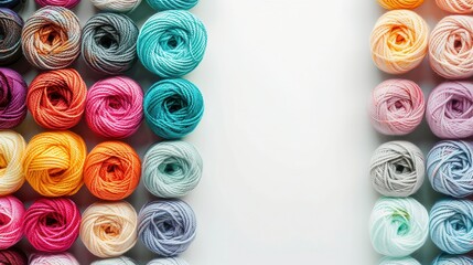 Fototapete - Brightly colored yarn rolls are organized in a grid, providing a creative backdrop with ample space for crafting text and designs. Generative AI