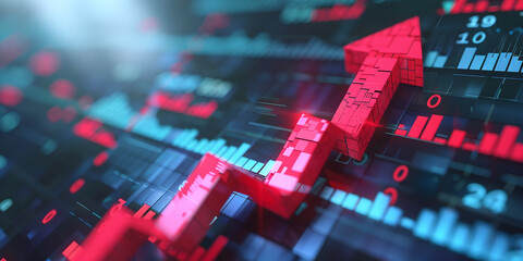 Financial stock market red rising arrow, 3D arrow rendering concept illustration