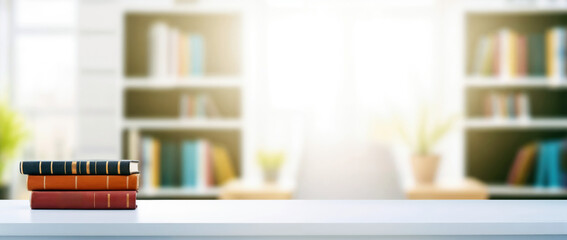Poster - Stack of books on a white desk table with a blurred home office library in the background