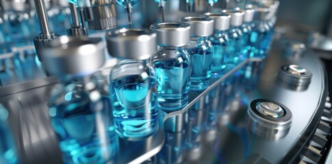 Poster - A Close Up View of a Conveyor Belt with Glass Vials Filled with Blue Liquid