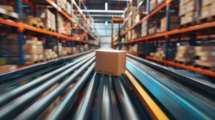 Poster - A closeup of a cardboard box moving on a conveyor belt in a busy warehouse