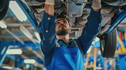 Wall Mural - Repairman is Wearing Gloves and Using a Ratchet Underneath the Car. Car Mechanic Working on a Vehicle in a Car Service. Modern Clean Workshop. car service, repair, maintenance, and people concept