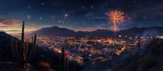 Poster - A city skyline illuminated by fireworks against a backdrop of a starry night and desert landscape