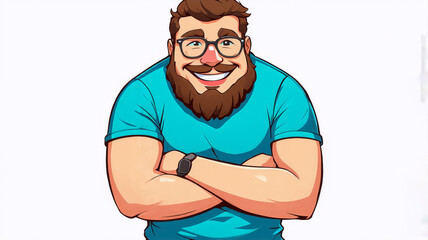 Sticker - Cheerful Man with Glasses Cartoon Illustration - Smiling Bearded Figure with Folded Arms on White Background