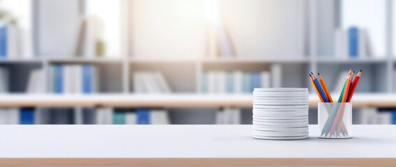 Poster - Stack of white memo papers and colored pencils on a white desk with blurred bookshelf background