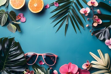 Wall Mural - Tropical flat lay with sunglasses, fresh oranges, and colorful flowers on blue surface. Generative AI