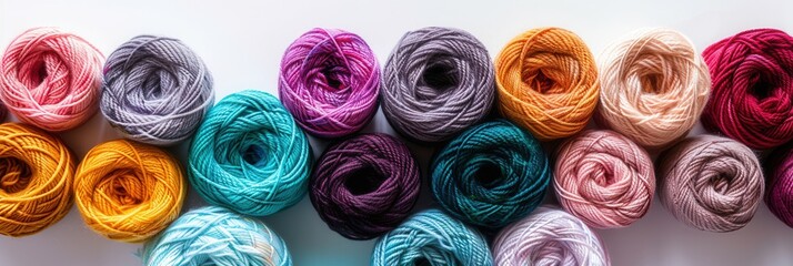 Poster - A grid of vibrant yarn rolls displayed on a white background, perfect for various crafting activities and creative projects. Generative AI