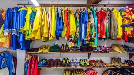 A rack of colorful clothing hangs in a shop.