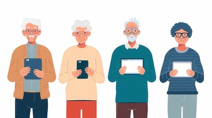 Aufkleber - Four elderly individuals hold various electronic devices while smiling and enjoying each other's company in a cozy indoor environment. Generative AI