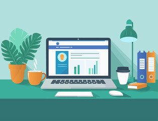 laptop flat vector illustration web page desk workspace minimalist concept