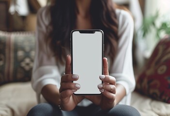 A young woman sits comfortably at home, holding a blank smartphone, ready for customization. Ideal for tech, lifestyle, and social media themes.