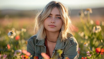 Wall Mural - Portrait of a Woman in a field of flowers 