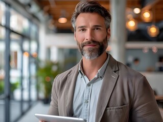 Poster - businessman holding digital tablet in modern office focused expression high tech corporate concept