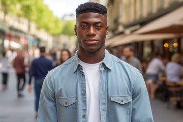 A young man in a blue shirt and white shirt stands in front of a crowd of people