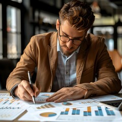 Poster - Focused Businessperson Reviewing Financial Data in Modern Workspace