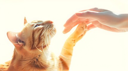 Wall Mural - Closeup of a person s hand gently petting a soft adorable cat against a plain white background