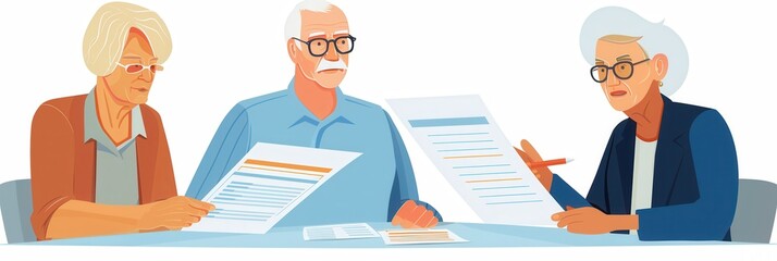 Poster - Three elderly individuals are engaged in a focused discussion, reviewing important documents while seated at a table together. Generative AI