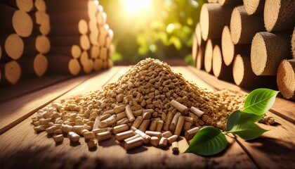 Canvas Print - Eco Fuel: Compressed Wood Pellets and Firewood with Biomass Briquettes