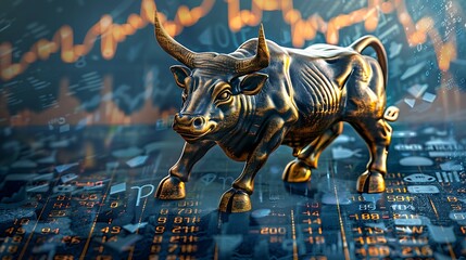 Poster - Golden bull statue standing on a digital background with stock market charts, symbolizing growth, success and wealth in the financial world.