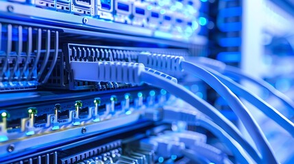 Poster - Close up of network cables connected to server racks in a data center.