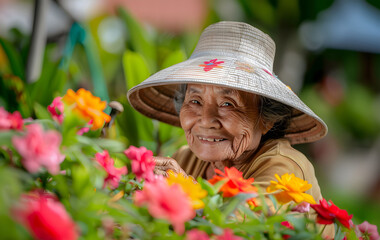 The smiling woman in a straw hat stands among a vibrant array of colorful flowers. National citizens day.