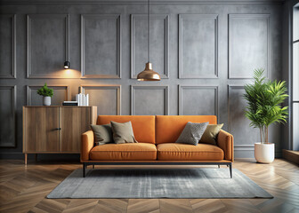 An elegant orange sofa stands against a grey stucco wall and cabinet, representing Scandinavian style home interior design in a modern living room