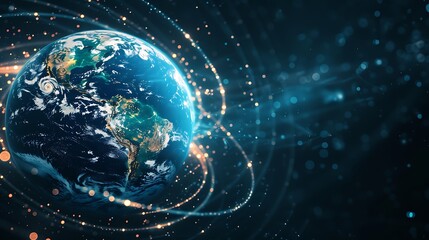 Wall Mural - digital illustration of the earth in orbit surrounded by glowing trails and cosmic dust, depicting a