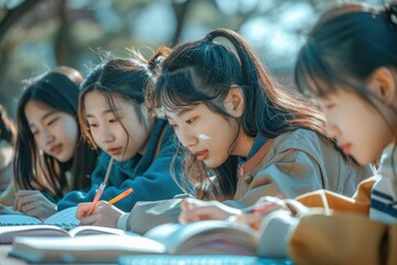 Young Asian college students studying together outdoors at university.