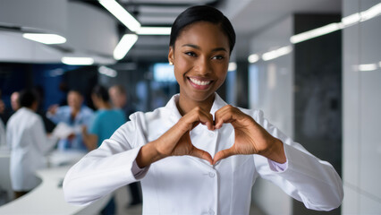 Canvas Print - A woman in white coat making a heart shape with her hands, AI