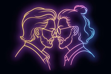 Poster - Silhouette of couple in neon symbolizing romance and connection in a glowing artistic style