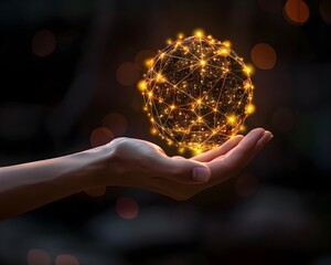 Wall Mural - Hand Holding Glowing Digital Network Sphere Symbolizing Global Business Communication and High Tech Innovation