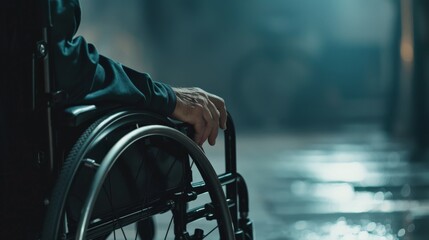 Poster - Person in a wheelchair in a dimly lit indoor setting. Highlighting accessibility and independence.