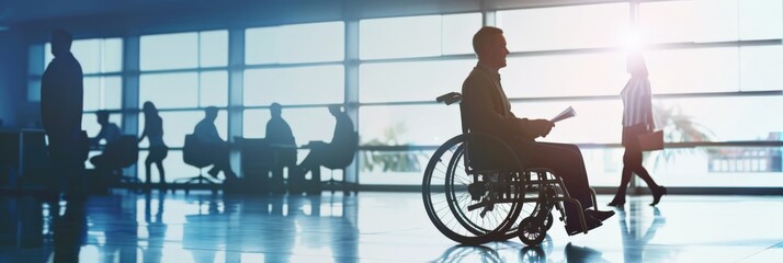 Aufkleber - Man in wheelchair reading document in open office space. Disability inclusion and workplace diversity.