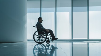 Leinwandbilder - Side view of man in wheelchair in modern office building with large windows. Independence, mobility, and modern architecture concept.