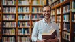 © Eric - A white man with glasses, smiling and holding a book in a library.