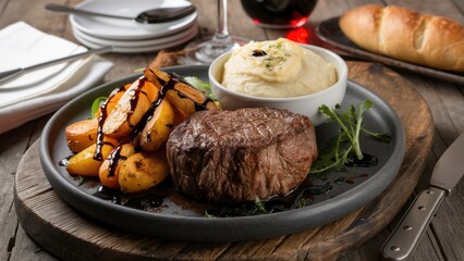 Poster - A plate of a steak and potatoes on top of a wooden table, AI