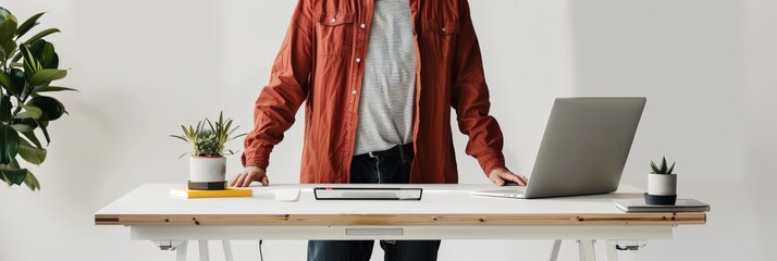 Poster - Man standing at a desk with a laptop in a minimalist office. Promoting an inclusive work environment.