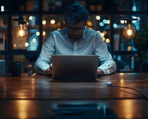 Poster - focused businessperson working on laptop in modern office environment