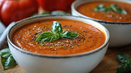 Canvas Print - Close up of Tomato Soup with Basil and Olive Oil