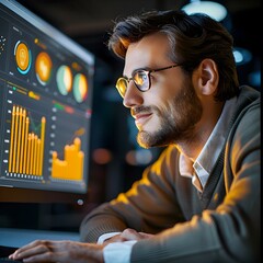 Poster - focused businessperson analyzing data on computer in modern office