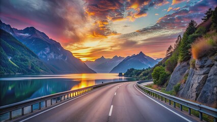 Wall Mural - Empty highway between mountain peaks, lake in gorge, colorful sunset sky in the Alps , Alps, highway, mountain, peaks, lake