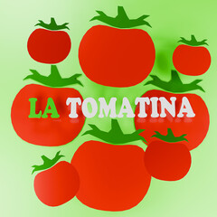 Wall Mural - La Tomatina Festival, Background for Poster or Banner with Tomatoes. Annual Summer Traditional Spanish Holidays, Celebration of Harvest. Cartoon 3d render Illustration.