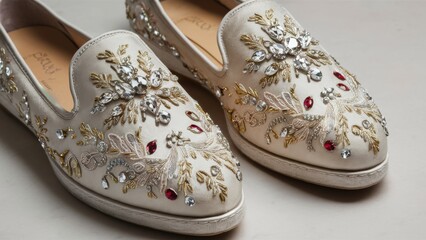 A pair of white shoes with gold and silver embellishments, AI