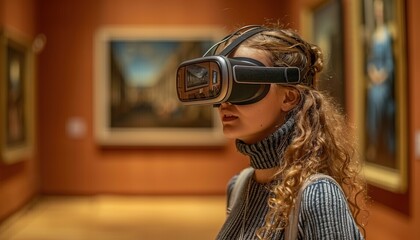 Wall Mural - Young woman wearing a virtual reality headset using it to visualize a museum art gallery 