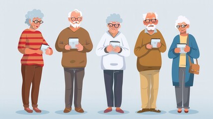 Poster - A group of elderly individuals is interacting with their mobile devices, enjoying each other's company in a joyful atmosphere. Generative AI