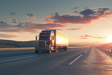 Large semi-truck driving on a highway at sunset