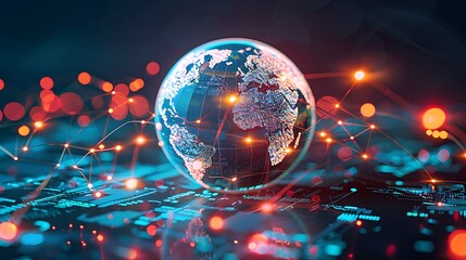 Poster - glowing line light 3d globe with circuit board for concept of global connectedness and digital world