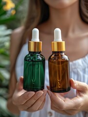 Wall Mural - A woman is holding two bottles of perfume, one green and one brown