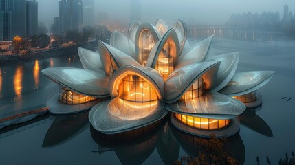 Canvas Print - Lotus-Shaped Building on a Lake